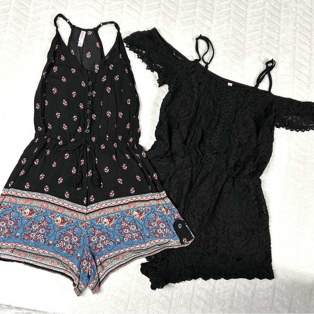 2 xhilaration rompers, women’s size XS S black pockets lace